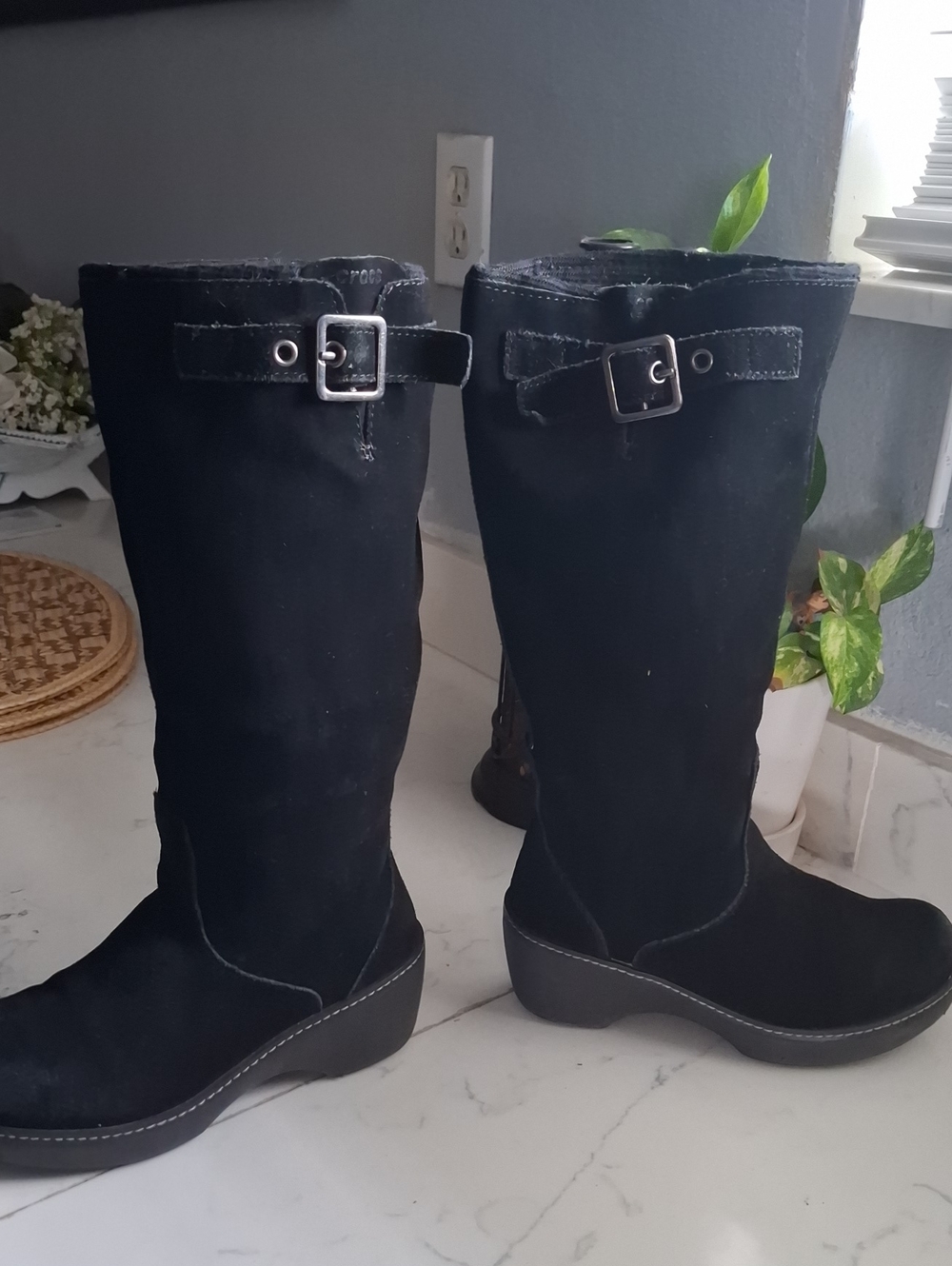 CROCS Women's Black Knee-High Wedge Boots with Buckle